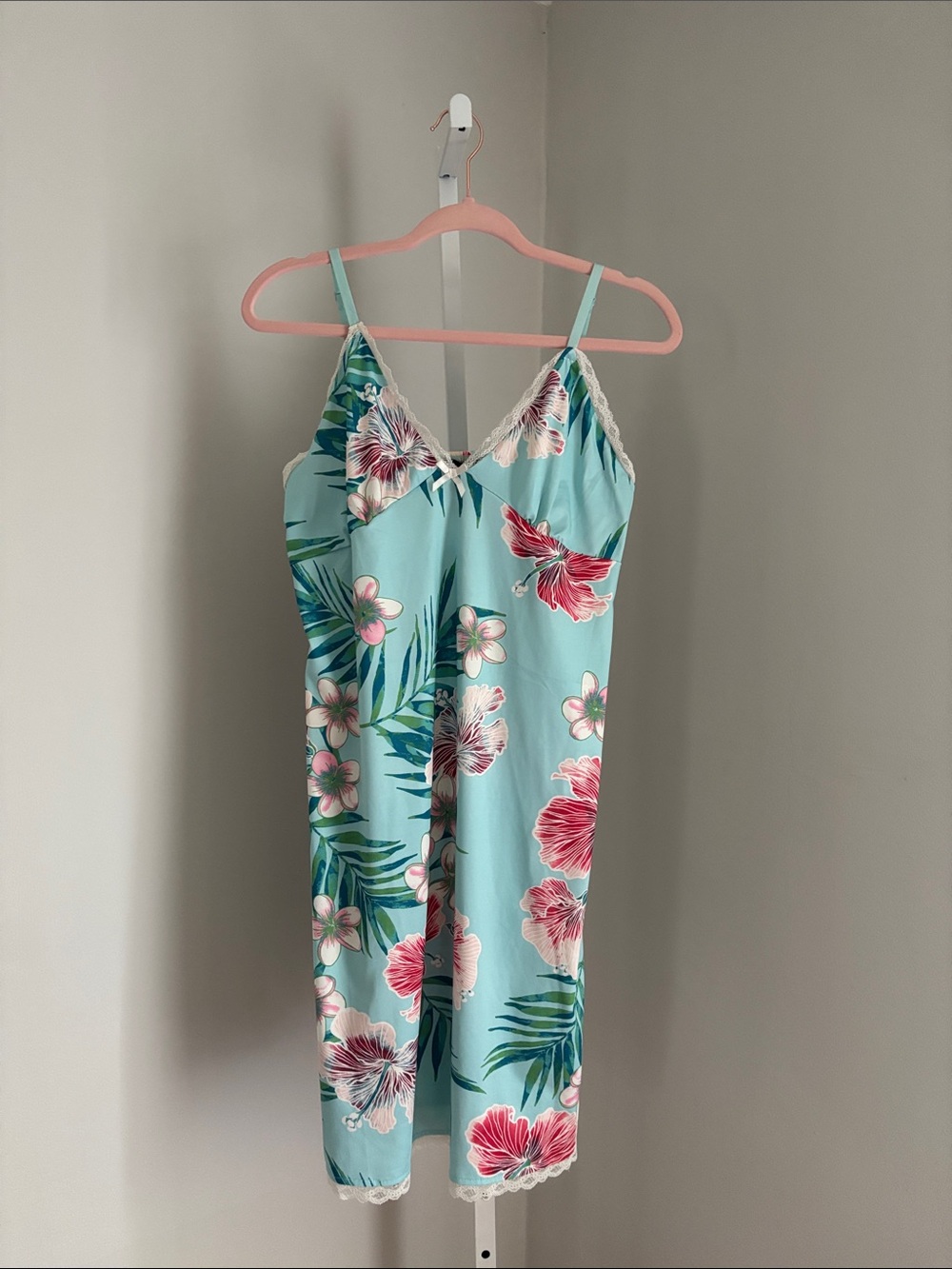 Floral Slip Dress Nightgown in Aqua with Pink Tropical Print Women’s Size XL